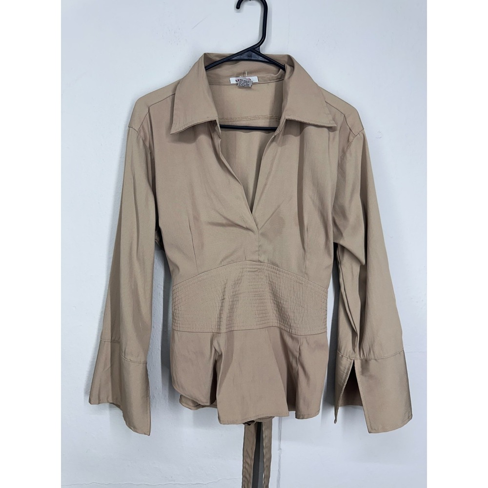 VTG 90s Flare Sleeve Top Blouse LARGE Beige Cinched Waist Boho Quiet Luxury